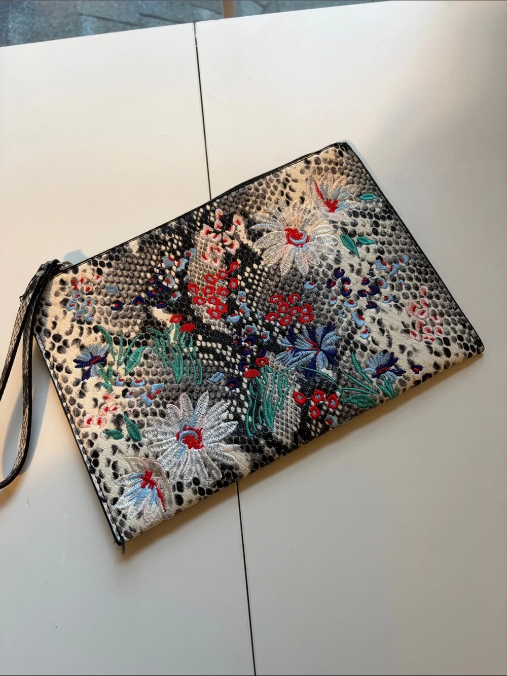 Mango Black & White Embroidered Floral Wristlet Clutch